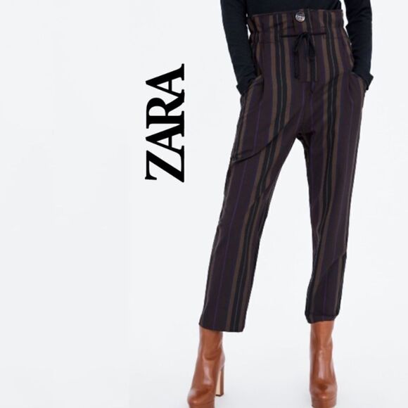 LIKE NEW ZARA STRIPED PAPERBAG STYLE PANTS SIZE SMALL - Picture 1 of 12